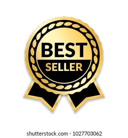 Ribbon Award Best Seller. Gold Ribbon Award Icon Isolated White Background. Bestseller Golden Tag Sale Label, Badge, Medal, Guarantee Quality Product, Business Certificate Vector Illustration