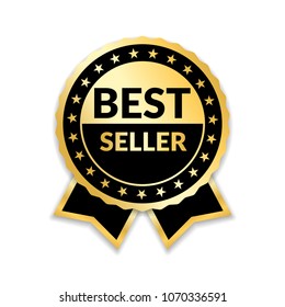 Ribbon Award Best Seller. Gold Ribbon Award Icon Isolated White Background. Bestseller Golden Tag Sale Label, Badge, Medal, Guarantee Quality Product, Business Certificate Vector Illustration