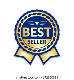 Ribbon Award Best Seller. Gold Ribbon Award Icon Isolated White Background. Bestseller Golden Tag Sale Label, Badge, Medal, Guarantee Quality Product, Business Certificate Vector Illustration