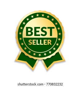 Ribbon award best seller. Gold ribbon award icon isolated white background. Bestseller golden tag sale label, badge, medal, guarantee quality product, business certificate Vector illustration