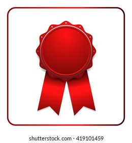 Ribbon award icon. Red badge, isolated on white background. Medal design element. Label emblem. Blank certificate, winner or prize, decoration. Symbol of victory, success, win. Vector illustration