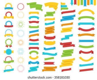  Ribbon, award and sunburst flat style color set. Vector Illustration