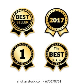 Ribbon awards best seller set. Gold ribbon award icons isolated white background. Bestseller golden tags sale label, badge, medal, guarantee quality product, certificate. Vector illustration