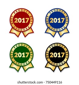 Ribbon awards best seller of year 2017 set. Gold ribbon award icons isolated white background. Best product golden label for prize, badge, medal, guarantee quality product Vector illustration