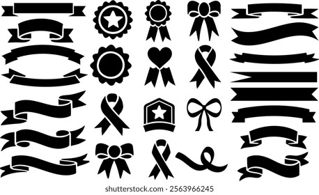 Ribbon badge vector set, bow and award icon silhouette. Perfect for badge, ribbon designs, banners, promotions, and labels. Includes rosettes, awareness ribbons, and vintage scroll elements