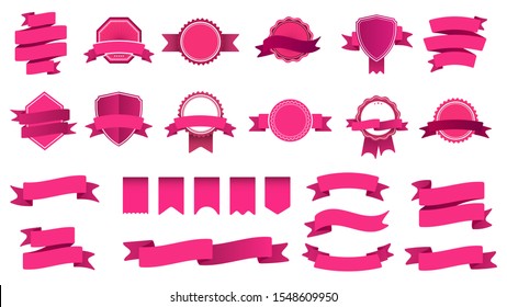 Ribbon banner badges. Frame with tape, abstract decorative shape badge and curved ribbons flat vector set. Collection of pink labels and stamps. Bright ceremonial objects with streamers and bend tapes