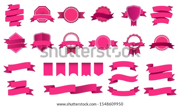 Ribbon banner badges. Frame with tape, abstract\
decorative shape badge and curved ribbons flat vector set.\
Collection of pink labels and stamps. Bright ceremonial objects\
with streamers and bend\
tapes