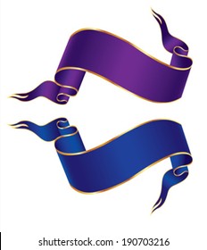 Ribbon Banner, Blue And Purple With Gold Border, Vector