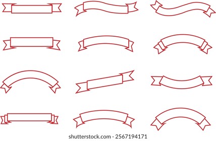 Ribbon banner bow colorful icon set. Decoration line vector collection isolated on transparent background. Element symbol for award, gift, flag, frame, poster, promotion, art, modern and more