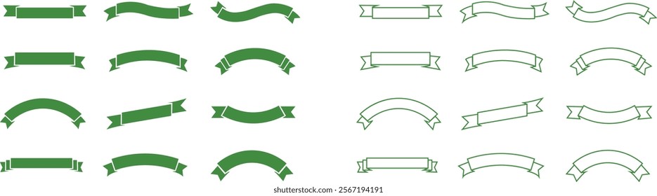 Ribbon banner bow colorful icon set. Decoration flat and line vector collection isolated on transparent background. Element symbol for award, gift, flag, frame, poster, promotion, art, modern and more