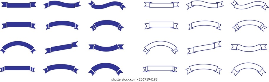 Ribbon banner bow colorful icon set. Decoration flat and line vector collection isolated on transparent background. Element symbol for award, gift, flag, frame, poster, promotion, art, modern and more