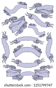 Ribbon banner collection clip art. Set of vintage flowing ribbon banners template.  Hand drawn vector illustration. 