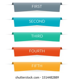 Bannière ruban. Étiquettes ou onglets d'infographie avec 5 options, niveaux ou étapes et espace pour le texte. Éléments graphiques pour le Web, la brochure d'information et la présentation d'entreprise. Illustration vectorielle.