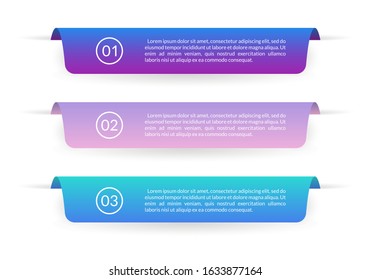 Ribbon banner design. Infographic labels or tabs with 3 options, levels or steps and space for text. Graphic elements for web, information brochure and business presentation. Vector illustration.