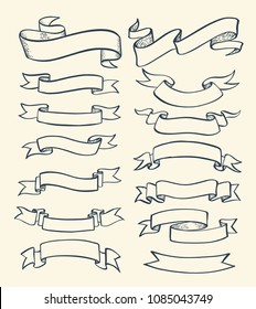 Ribbon banner drawn set. Vector illustration.