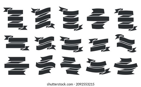 Ribbon banner flag festive attribute black flat set. Sale discount important event. Flexible blank form fill out. Heraldic element signboard invitation shop. Winner presentation icon isolated white