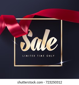 Ribbon banner gold vector. Golden Frame Sale tag on black background.