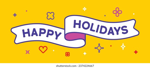 Cinta y banner Felices Fiestas. Tarjeta de saludo con cinta y palabra Happy Holidays. Banner a la moda de la barbie estilo barbiecore para la tarjeta con texto feliz vacaciones. Ilustración vectorial