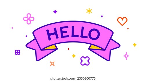 Ribbon and banner Hello. Greeting card with ribbon and word Hello. Trendy barbie style barbiecore ribbon banner for card with text hello on colorful pink background. Vector Illustration