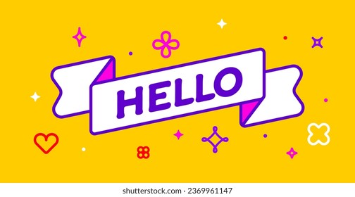 Ribbon and banner Hello. Greeting card with ribbon and word Hello. Trendy barbie style barbiecore ribbon banner for card with text hello on colorful yellow background. Vector Illustration