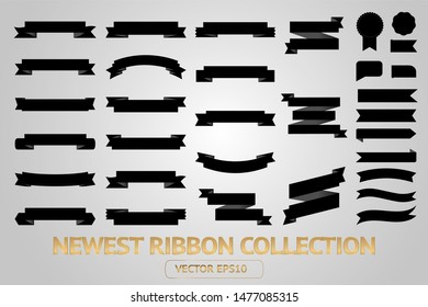 Ribbon banner label black vector icon isolated design sale set on white background. Ribbon cutting vector icon vintage collection. Ribbon bow design symbol template for stand, app, web, stand, tag