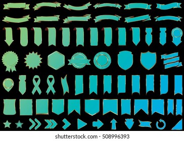 Ribbon banner label blue vector christmas background set with isolated fancy badge vintage sticker and decorative border icon. Festive colorful tag design award of gift illustration collection