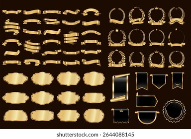 Ribbon banner label emblem gold vector background set with isolated fancy badge vintage sticker and decorative border icon 