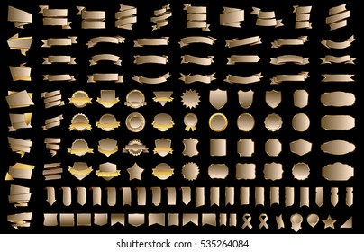 Ribbon banner label gold vector christmas background set with isolated fancy badge vintage sticker and decorative border icon. Festive colorful tag design award of gift illustration collection
