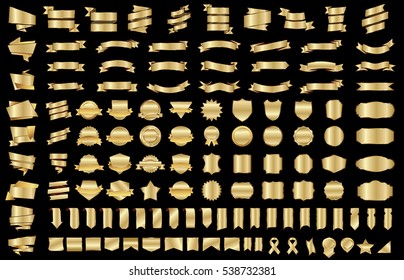 Ribbon banner label gold vector christmas background set with isolated fancy badge vintage sticker and decorative border icon. Festive colorful tag design award of gift illustration collection