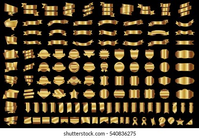 Ribbon banner label gold vector christmas background set with isolated fancy badge vintage sticker and decorative border icon. Festive colorful tag design award of gift illustration collection