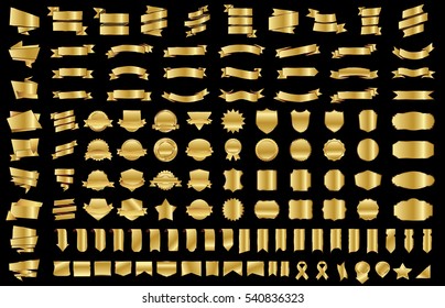 Ribbon banner label gold vector christmas background set with isolated fancy badge vintage sticker and decorative border icon. Festive colorful tag design award of gift illustration collection