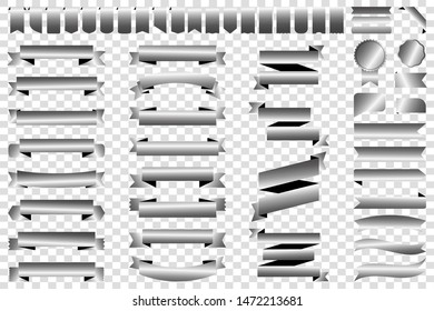 Ribbon banner label silver vector icon isolated design sale set on white background. Ribbon cutting vector icon vintage collection. Ribbon bow design symbol template for stand, app, web, stand, tag