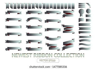 Ribbon banner label silver vector icon isolated design sale set on white background. Ribbon cutting vector icon vintage collection. Ribbon bow design symbol template for stand, app, web, stand, tag