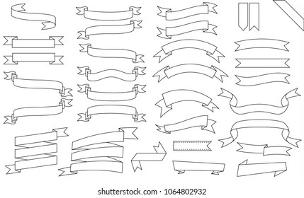 Ribbon Banner Outline Icon Set On White Background