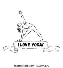 Ribbon banner with quote "I love yoga". Woman line silhouette in yoga pose vector illustration.