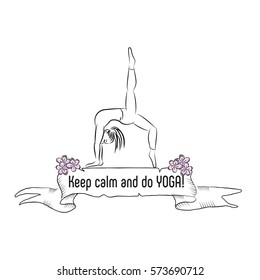 Ribbon banner with quote "Keep calm and do Yoga". Woman line silhouette in yoga pose vector illustration.
