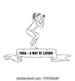 Ribbon banner with quote "Yoga - a way of living". Woman line silhouette in yoga pose vector illustration.