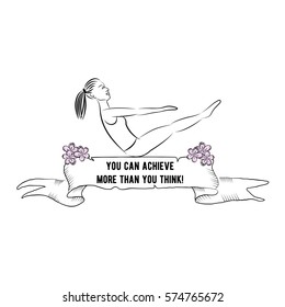 Ribbon banner with quote "You can achieve more than you think!". Woman line silhouette in yoga pose vector illustration.