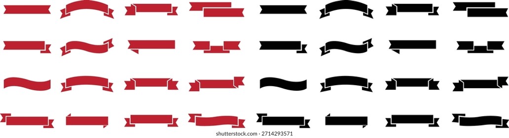 Conjunto de iconos planos rojo y negro de Anuncio de cinta. Silueta de tira decorativa, signos de etiqueta de premio, ilustración de Vectores de Antiguas para diseños de proyectos, marca y presentación aislados sobre fondo transparente.