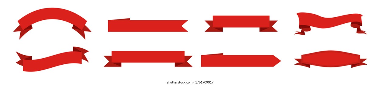 Ribbon banner. Red label for sale. Decorative flag, tape with scroll for gift. Set of retro tag for award. Vintage christmas backgrounds for text. Sticker for discount. Shiny curve badge. Vector.