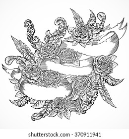 Ribbon banner with roses flowers, leaves and feathers. Isolated elements. Vintage hand drawn vector illustration in boho style.