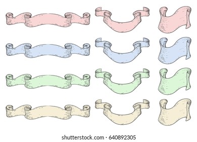 Ribbon banner scrolls. Hand drawn colored sketch. Vector illustration isolated on white background