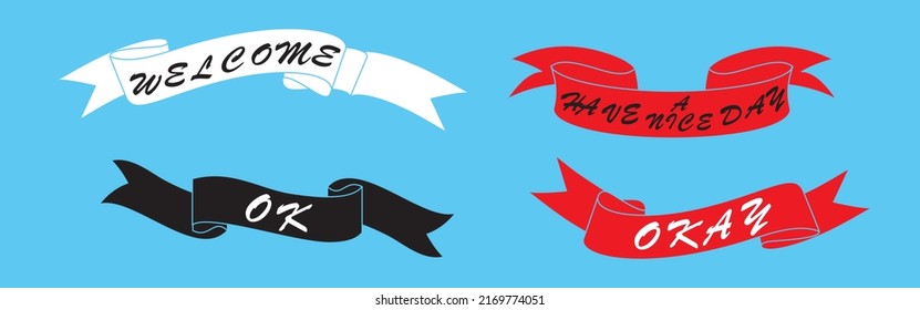 Ribbon banner. Set of black ribbon banners with text, phrase. Old school vintage isolated black ribbon with text Welcome, yes, ok. Graphic elements for design message. Vector illustration