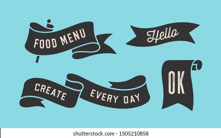 Ribbon Banner. Set of black ribbon banner with text, phrase. Black isolated vintage old school silhouette ribbon with text Ok, Hello. Graphic elements for design message. Vector Illustration