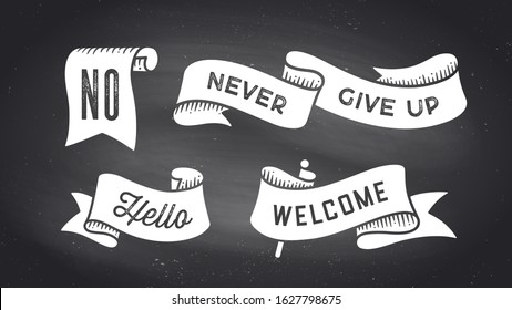 Ribbon Banner. Set of black and white ribbon banner with text, phrase. White isolated vintage old school silhouette ribbon with text Hello, Welcome, No on black chalk board. Vector Illustration