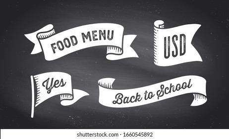 Ribbon Banner. Set of black and white ribbon banner with text, phrase. White isolated vintage old school silhouette ribbon with text Food Menu, USD, Yes on black chalk board. Vector Illustration