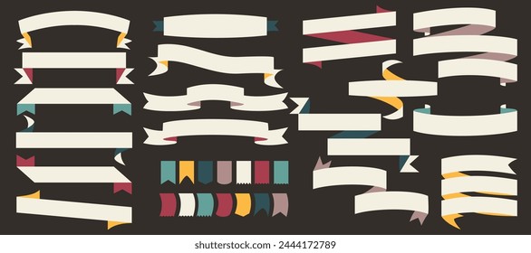 Ribbon banner set. Curved empty tape labels, retro bow badges stickers various shape