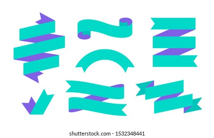 Ribbon Banner. Set of simple ribbon banner for text, phrase. Color isolated vintage old school silhouette ribbon on white background. Graphic elements for design message. Vector Illustration