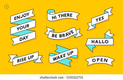 Ribbon Banner. Set of white ribbon banner with text, phrase. Color isolated vintage old school silhouette ribbon with text, phrase. Graphic elements for design message. Vector Illustration