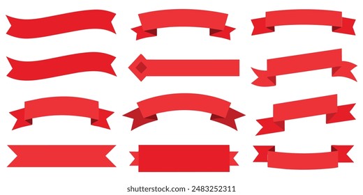 Ribbon, banner or tag vector art set. Flat red color.
